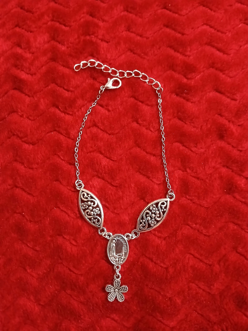 Silver Religious Floral Medal Pendant Bracelet - Women Jewelry